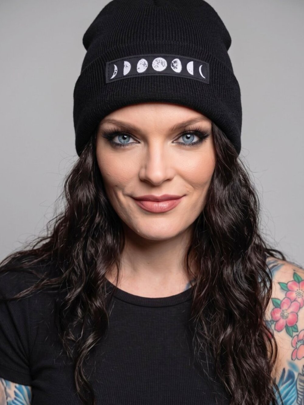 Moon Phase ✦ Black Knit Beanie ✦ Lunar Cycle Embroidery Warm Stretch Winter Goth